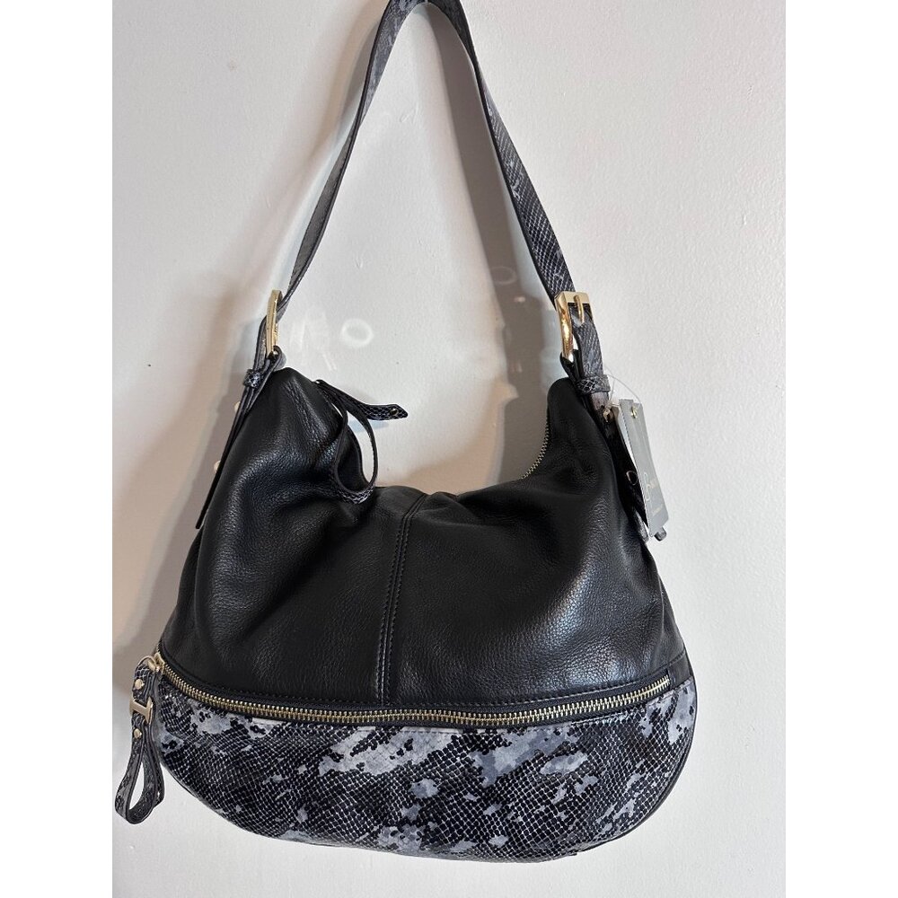 B Makowsky Black Leather Hobo Bag Snake Print Trim Gold Hardware NWT $238